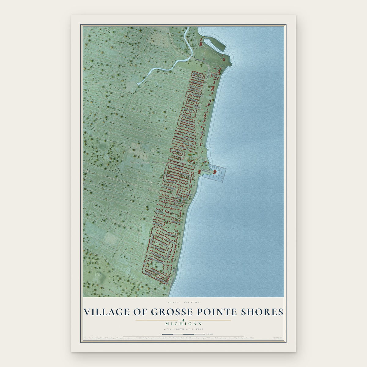 Village of Grosse Pointe Shores, Michigan map print, the full design