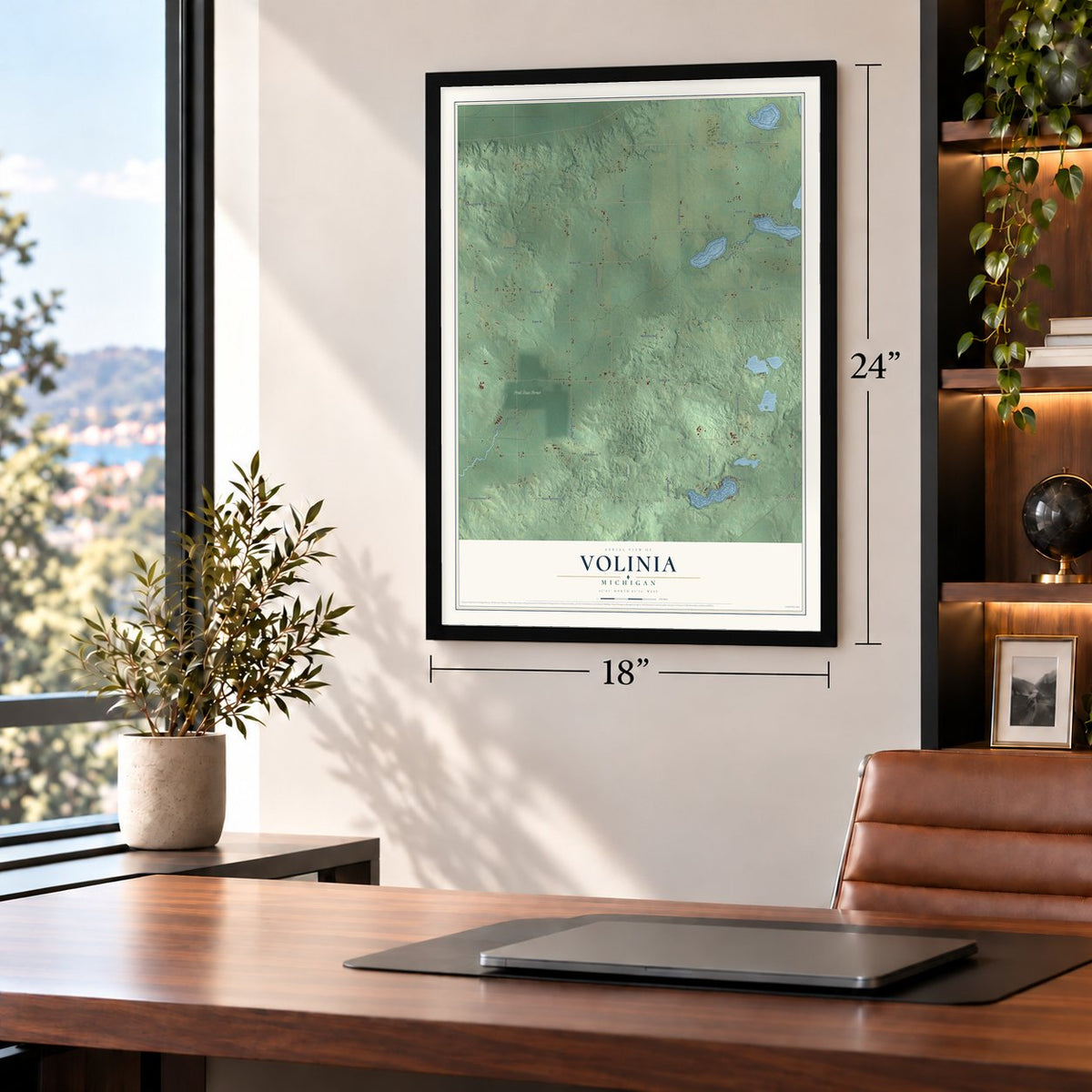Volinia, Michigan map, 18 x 24 inch print in a black frame in a home office