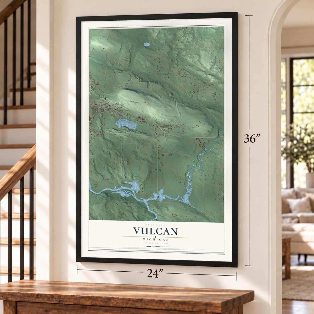 Vulcan, Michigan map, 24 x 36 inch print in a black frame by a staircase