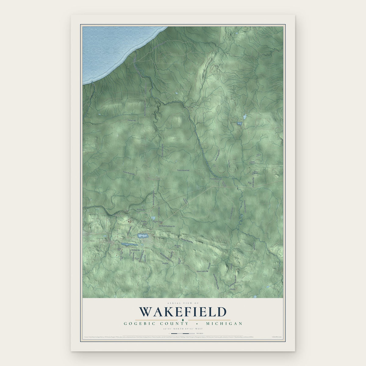 Wakefield, Gogebic County, Michigan map print, the full design