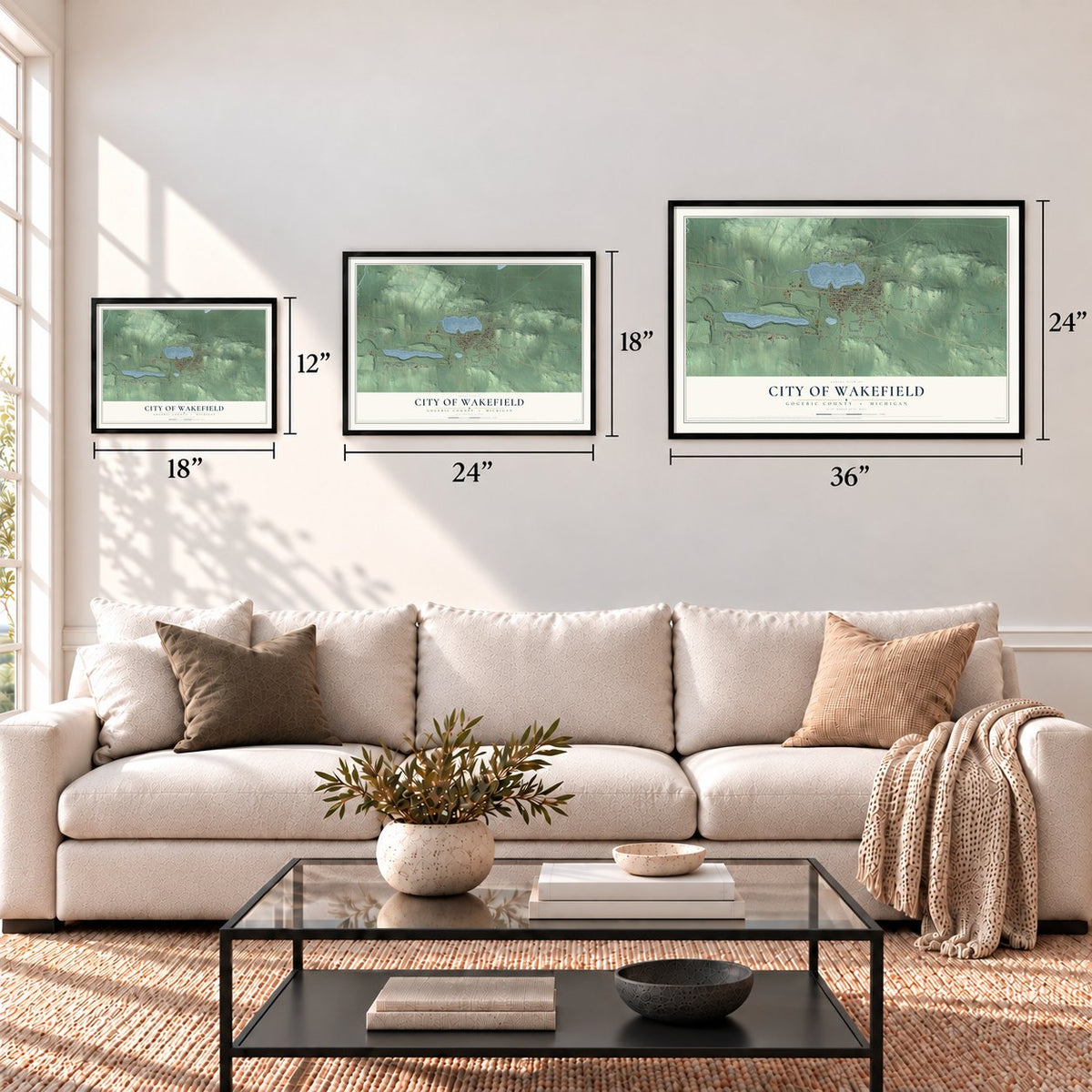 Wakefield, Michigan map in 12 x 18, 18 x 24 and 24 x 36 inch sizes above a sofa