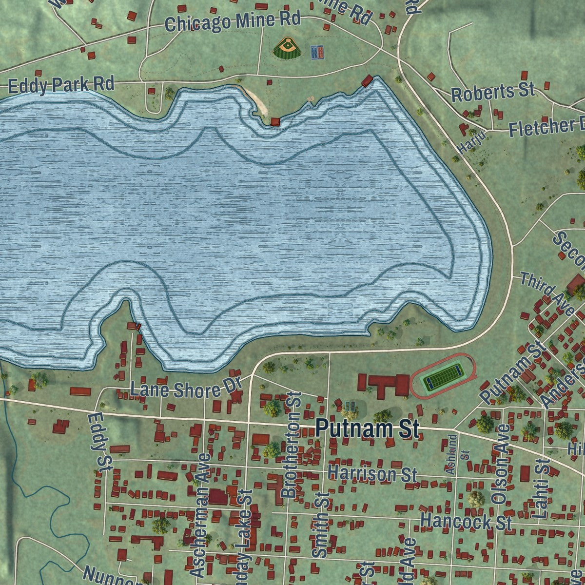 Close-up of the map of Wakefield, Michigan print showing street and building detail