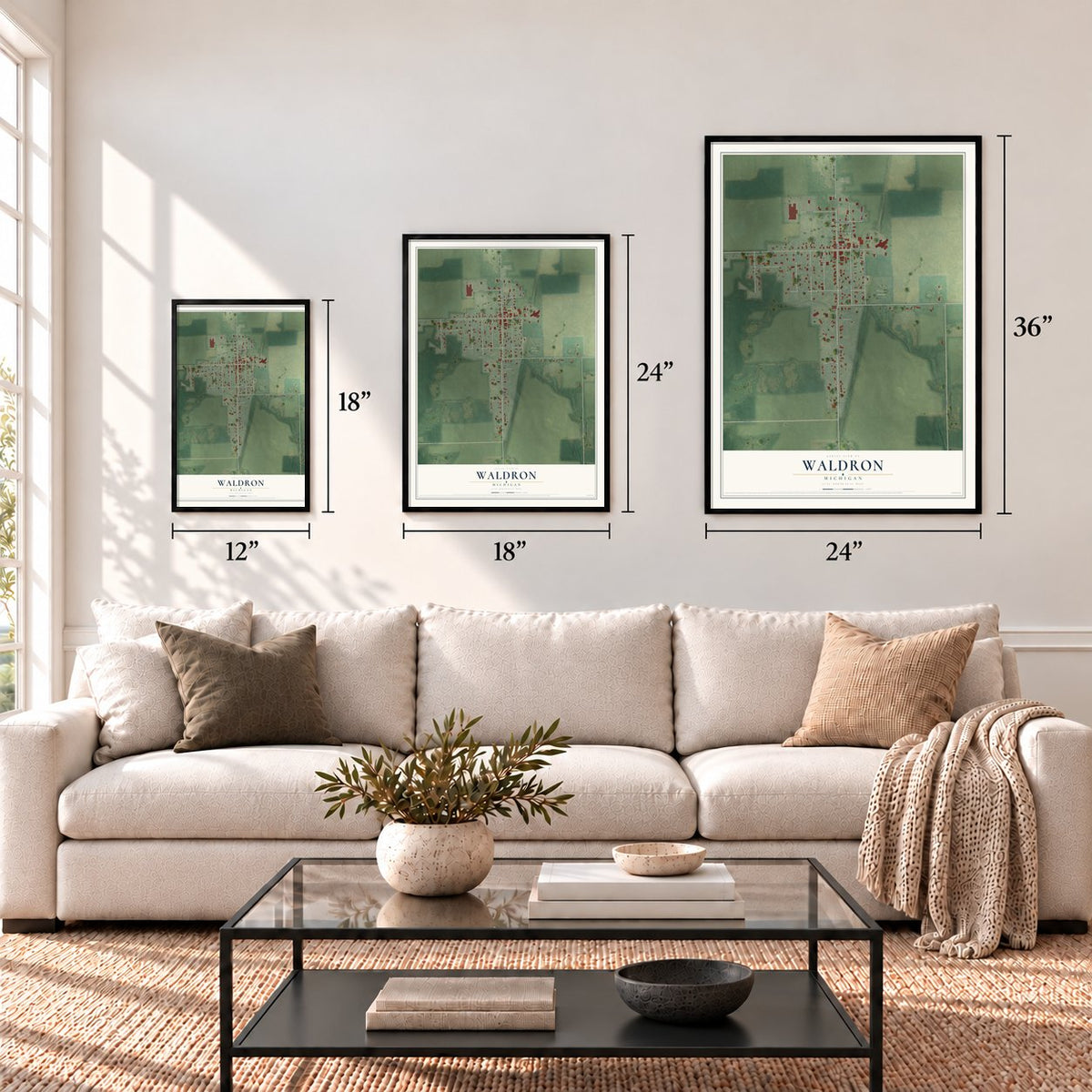 Waldron, Michigan map in 12 x 18, 18 x 24 and 24 x 36 inch sizes above a sofa