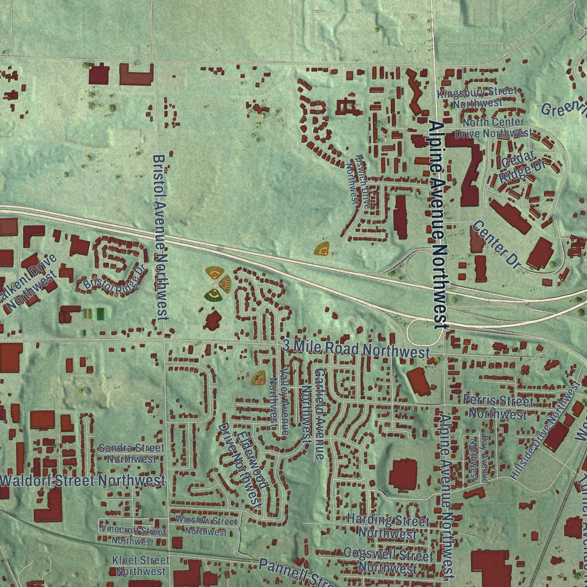 Close-up of the map of Walker, Kent County, Michigan print showing street and building detail