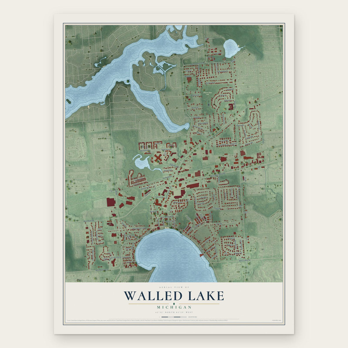 Walled Lake, Michigan map print, the full design