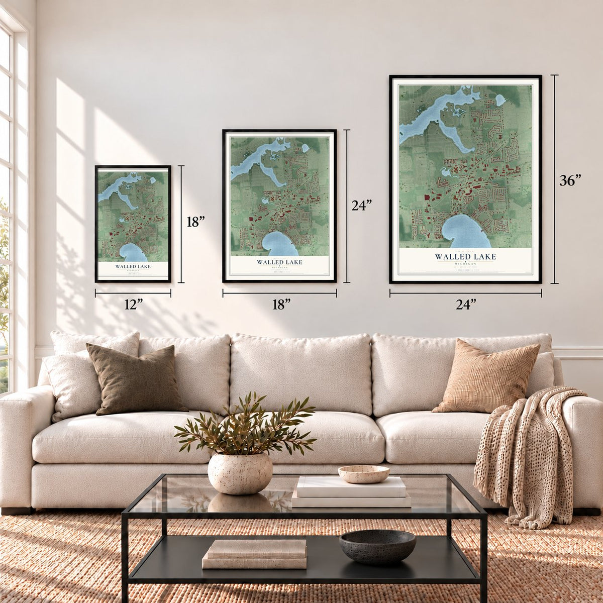Walled Lake, Michigan map in 12 x 18, 18 x 24 and 24 x 36 inch sizes above a sofa