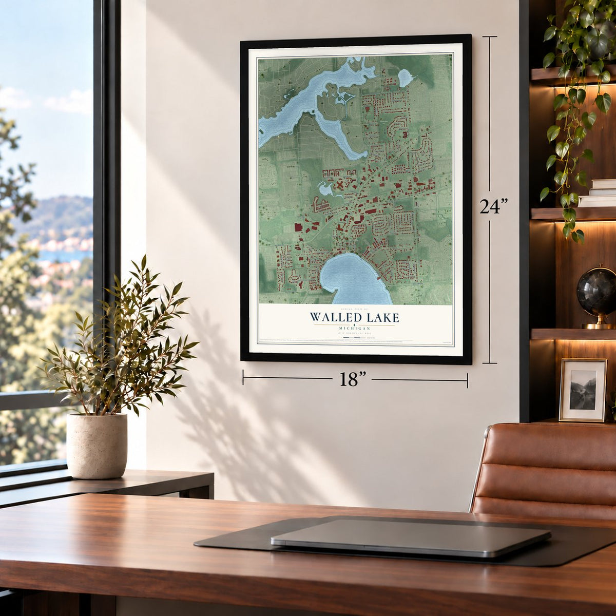Walled Lake, Michigan map, 18 x 24 inch print in a black frame in a home office