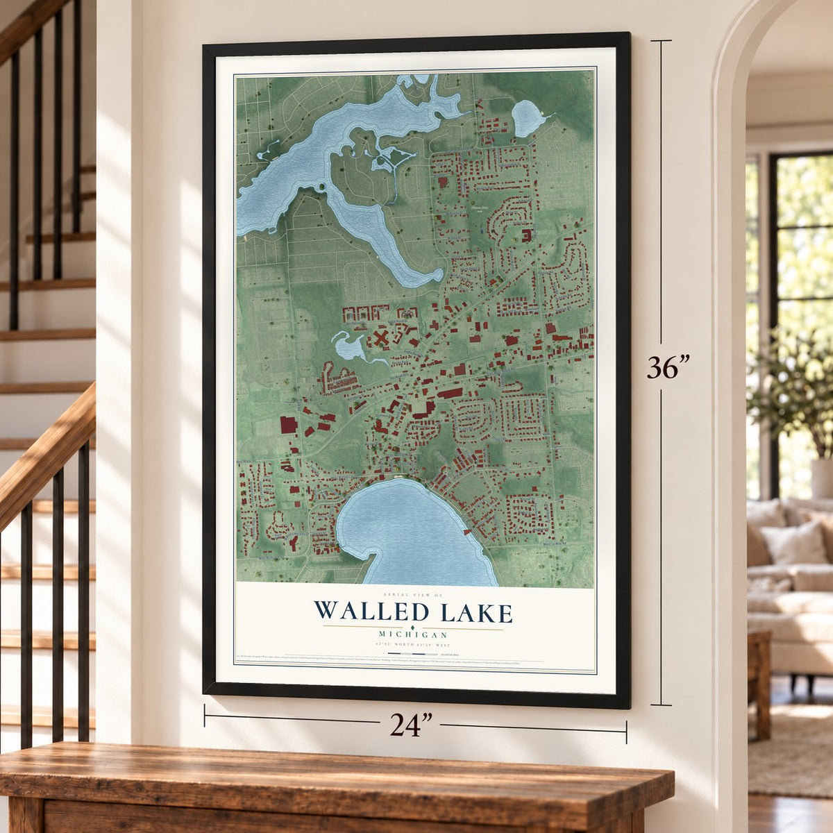 Walled Lake, Michigan map, 24 x 36 inch print in a black frame by a staircase