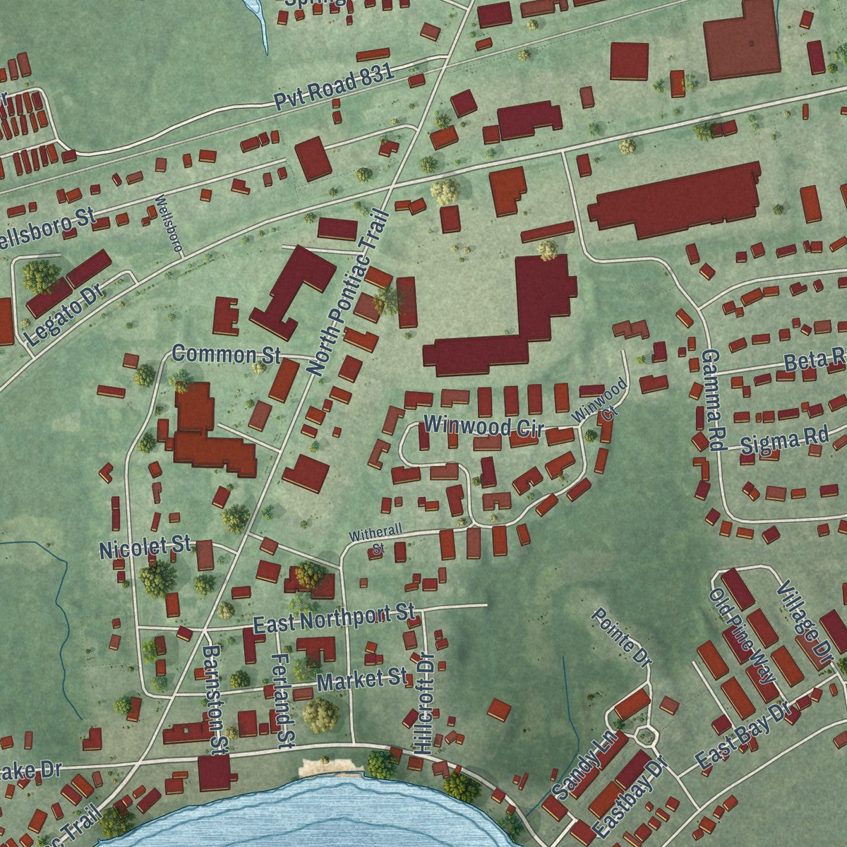 Close-up of the map of Walled Lake, Michigan print showing street and building detail