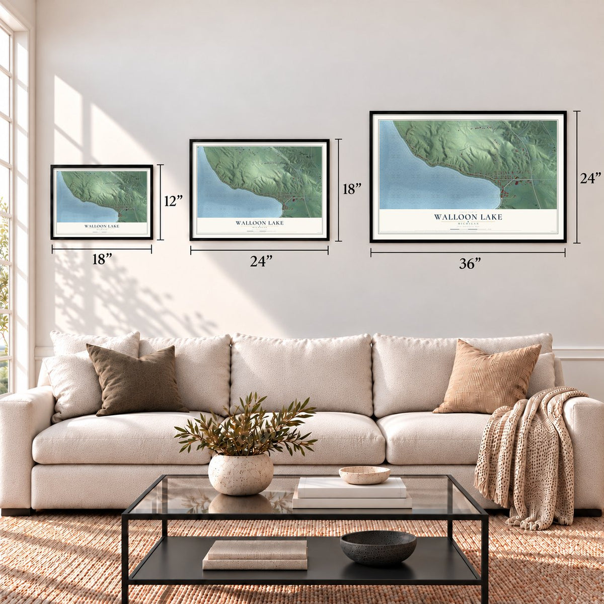 Walloon Lake, Michigan map in 12 x 18, 18 x 24 and 24 x 36 inch sizes above a sofa