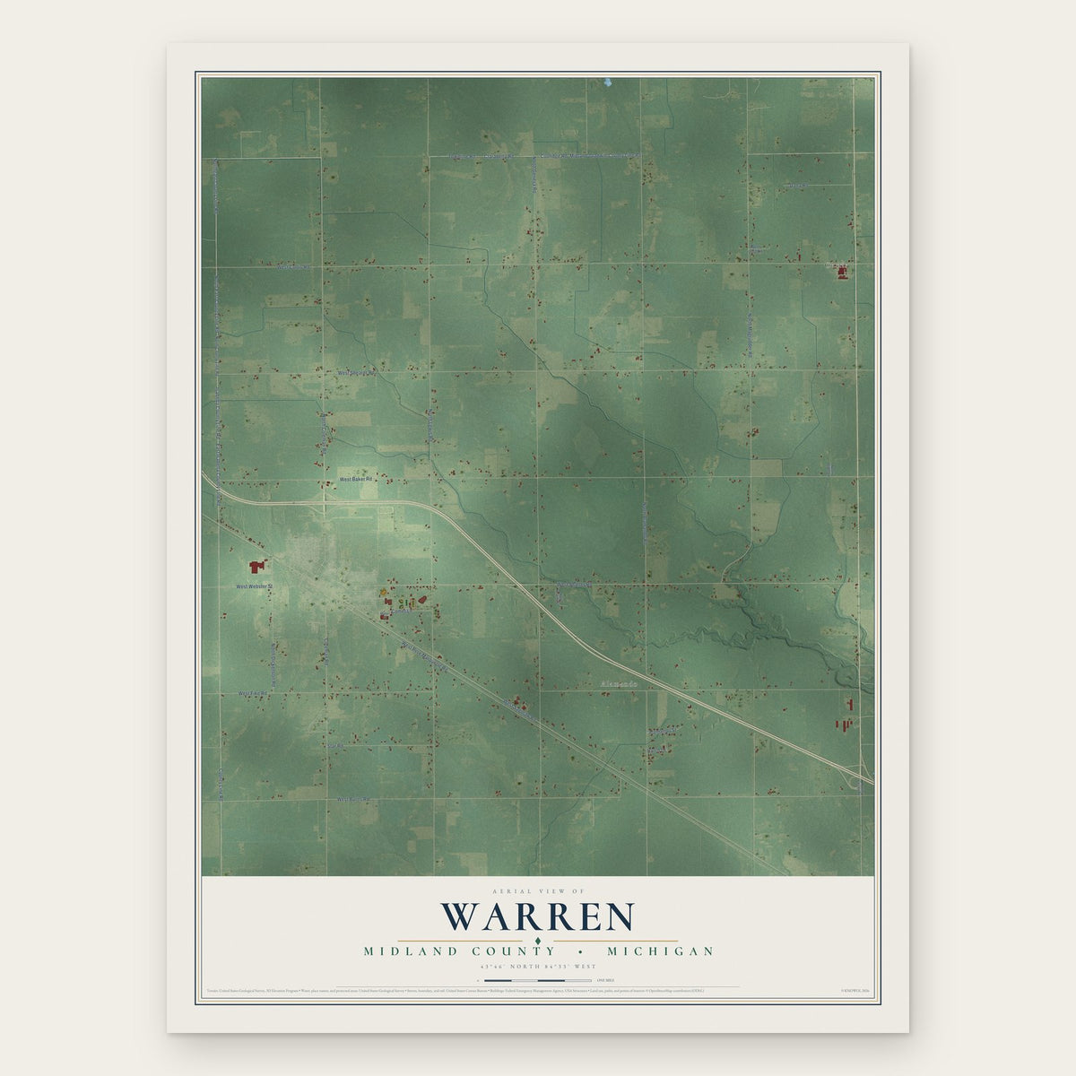 Warren, Midland County, Michigan map print, the full design