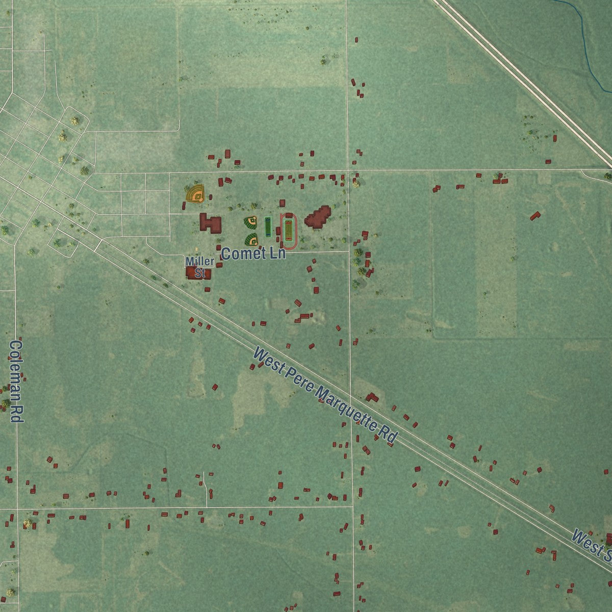 Close-up of the map of Warren, Midland County, Michigan print showing street and building detail