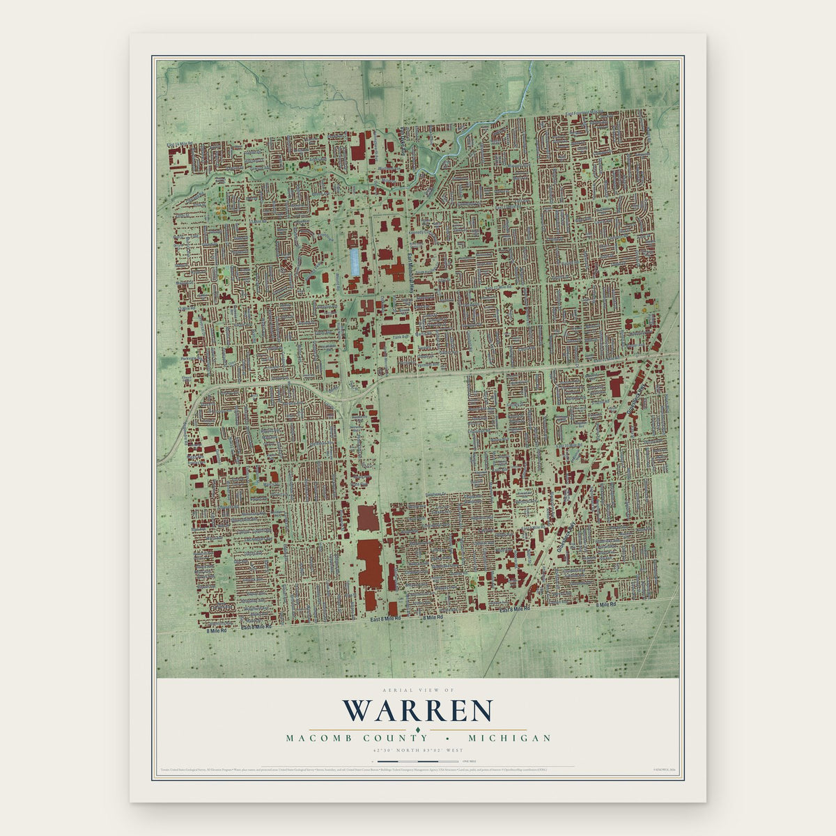 Warren, Macomb County, Michigan map print, the full design