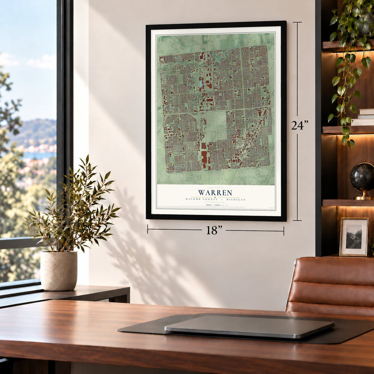Warren, Macomb County, Michigan map, 18 x 24 inch print in a black frame in a home office