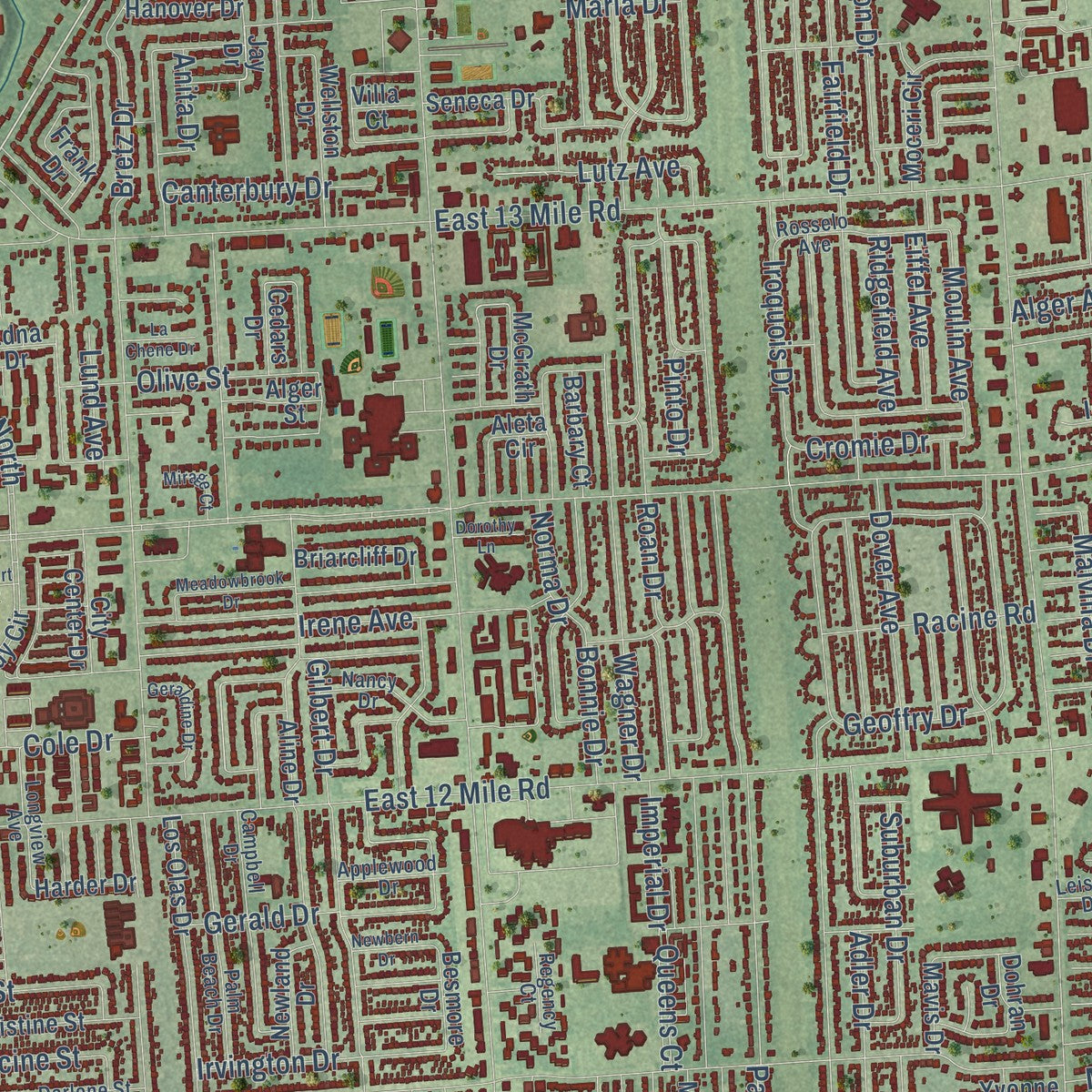 Close-up of the map of Warren, Macomb County, Michigan print showing street and building detail