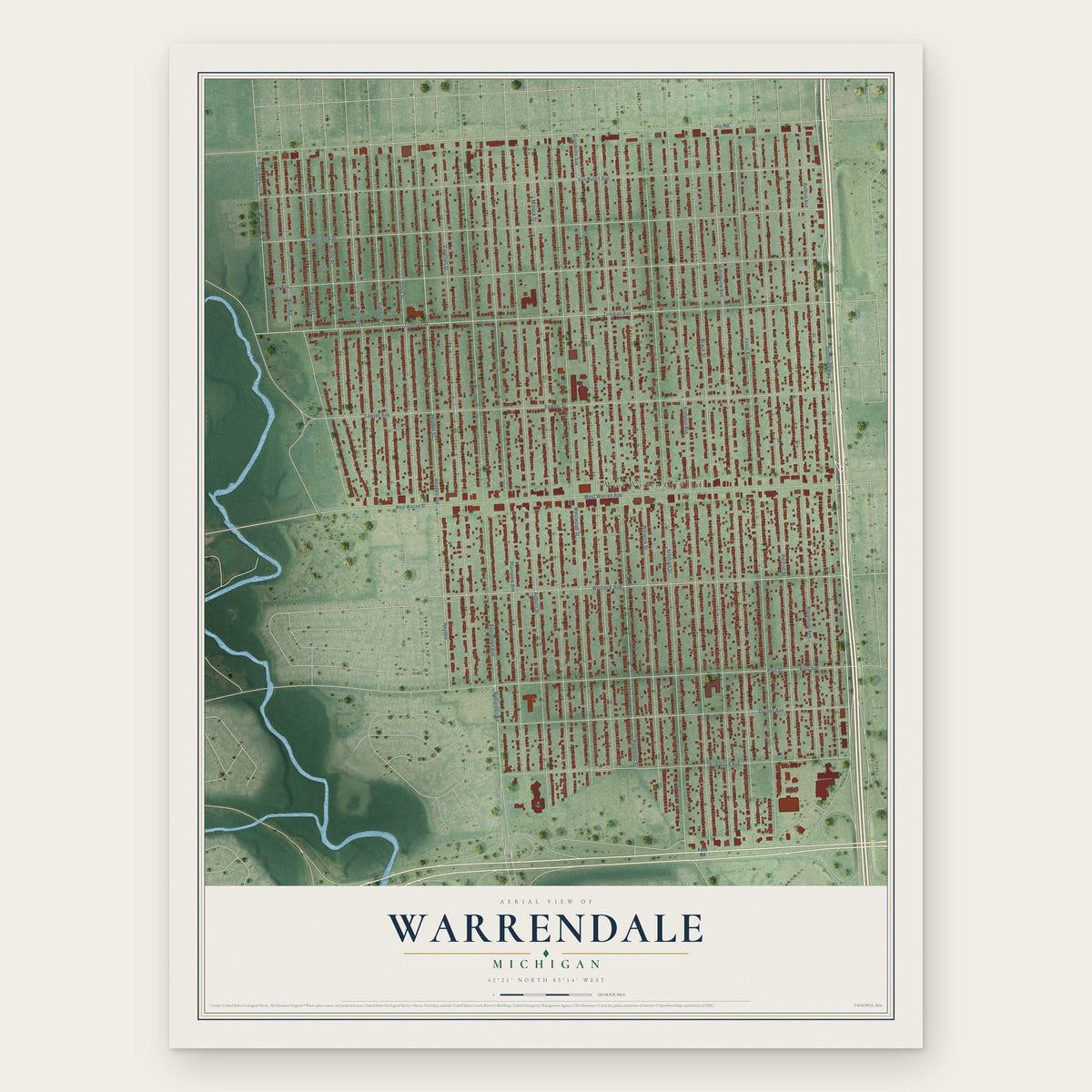 Warrendale, Michigan map print, the full design