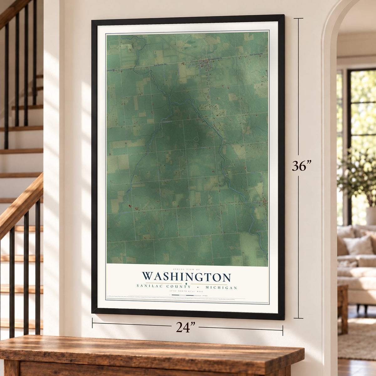 Washington, Sanilac County, Michigan map, 24 x 36 inch print in a black frame by a staircase