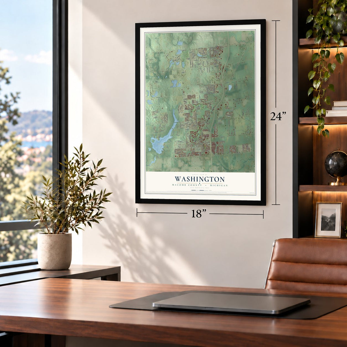 Washington, Macomb County, Michigan map, 18 x 24 inch print in a black frame in a home office