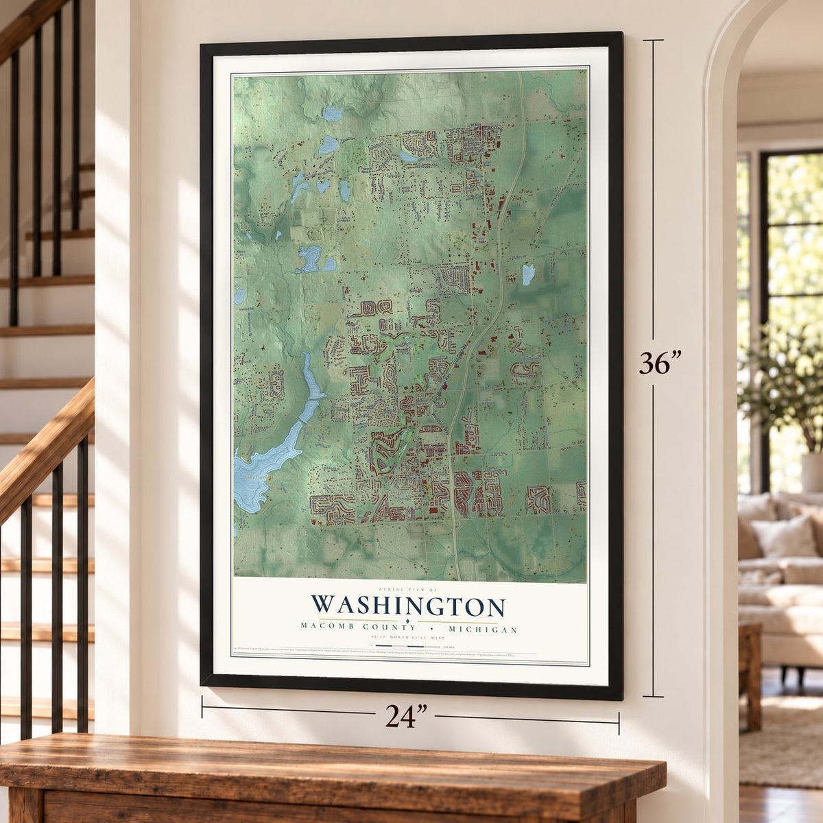Washington, Macomb County, Michigan map, 24 x 36 inch print in a black frame by a staircase