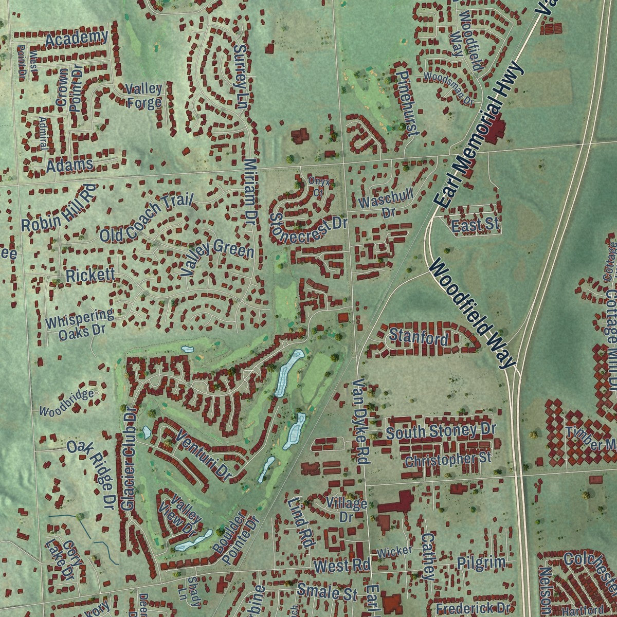 Close-up of the map of Washington, Macomb County, Michigan print showing street and building detail