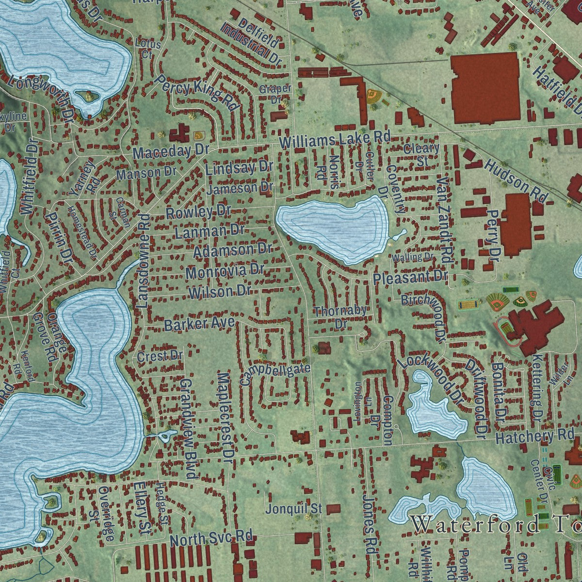 Close-up of the map of Waterford, Michigan print showing street and building detail