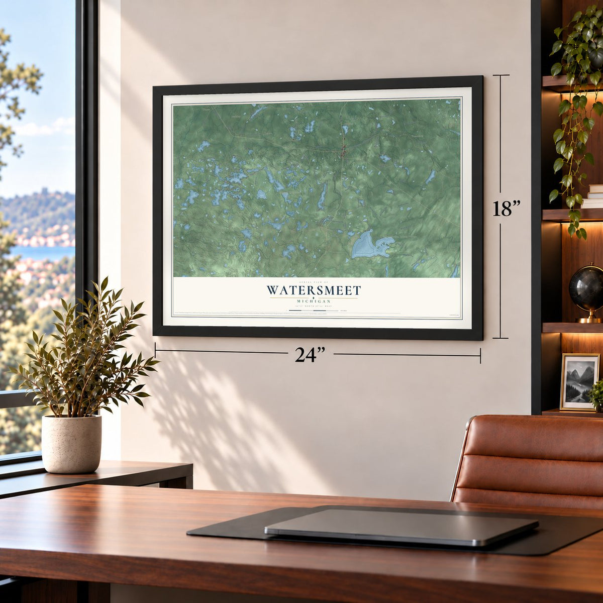 Watersmeet, Michigan map, 18 x 24 inch print in a black frame in a home office