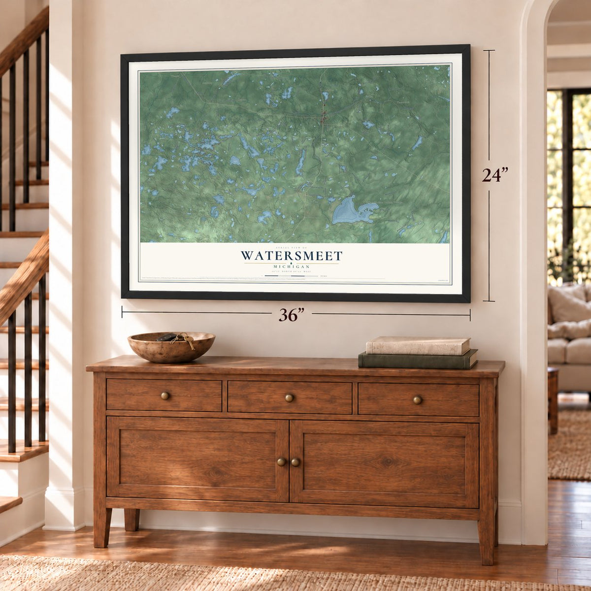 Watersmeet, Michigan map, 24 x 36 inch print in a black frame above a dresser by a staircase