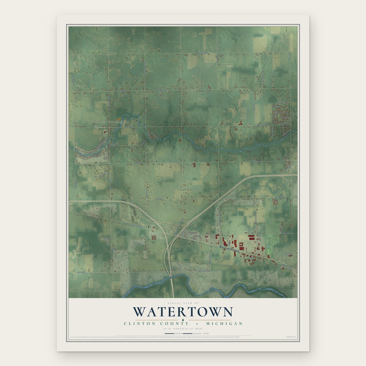 Watertown, Clinton County, Michigan map print, the full design