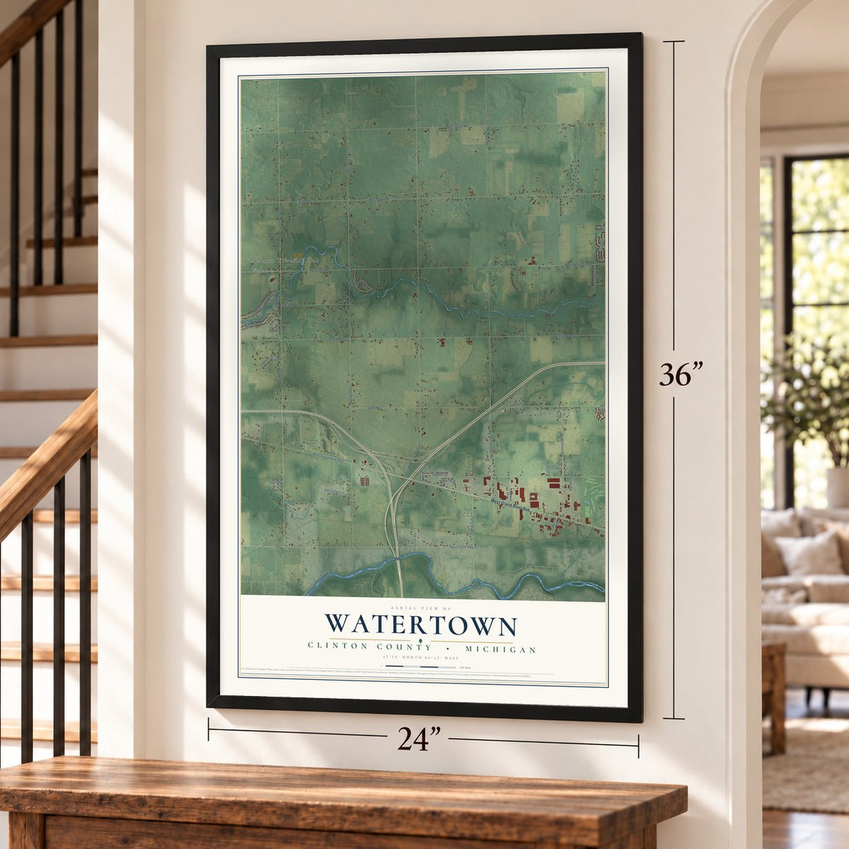 Watertown, Clinton County, Michigan map, 24 x 36 inch print in a black frame by a staircase