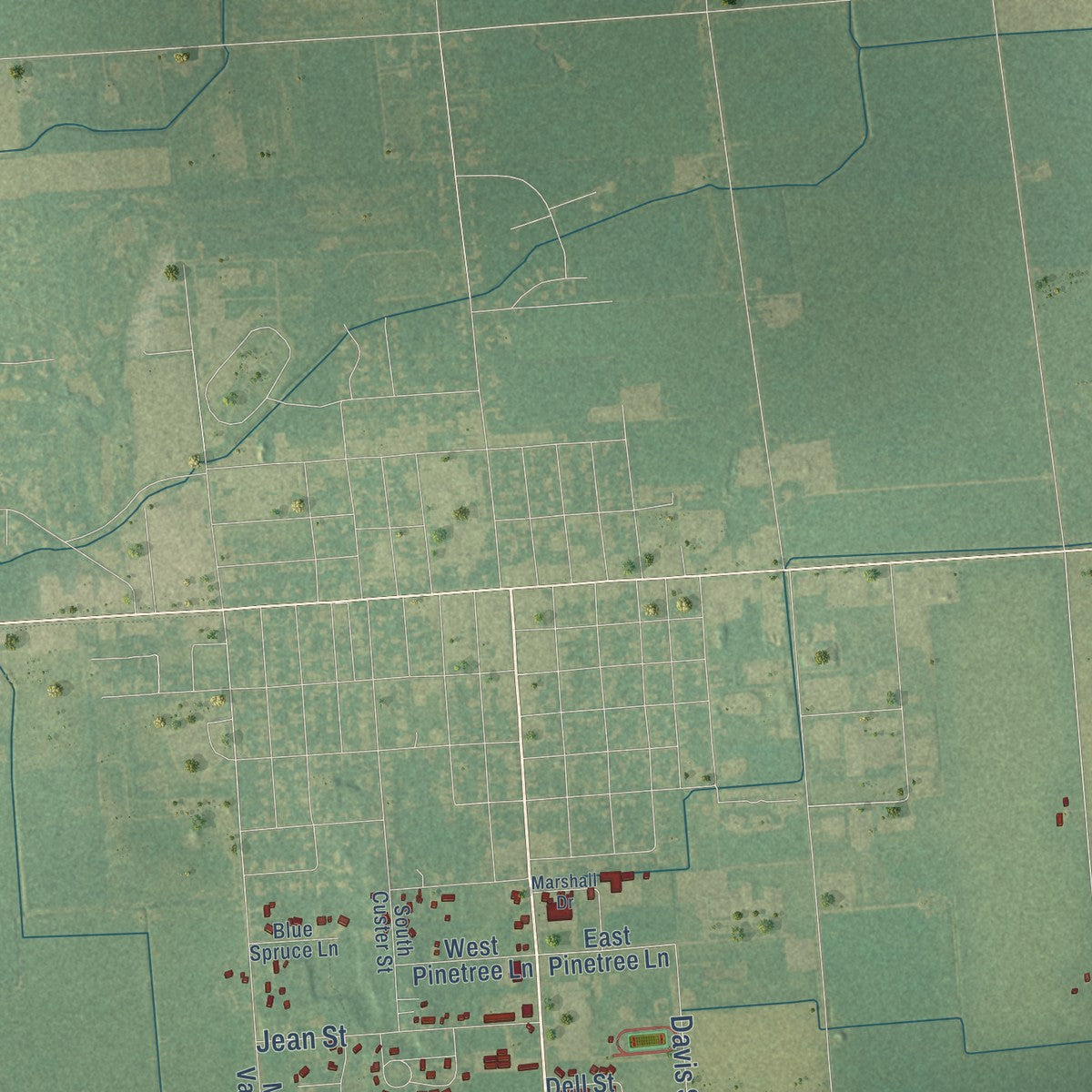 Close-up of the map of Watertown, Sanilac County, Michigan print showing street and building detail