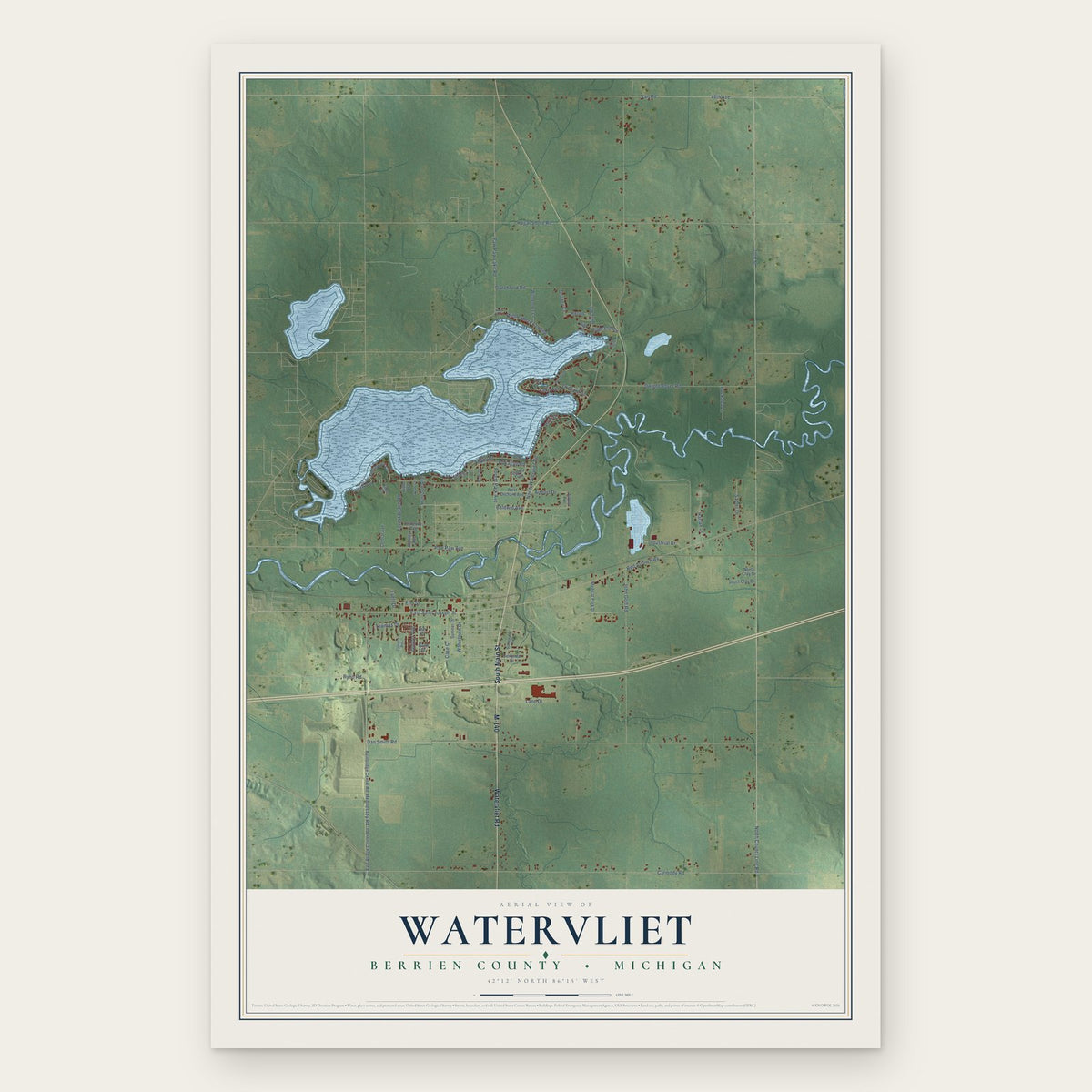 Watervliet, Berrien County, Michigan map print, the full design