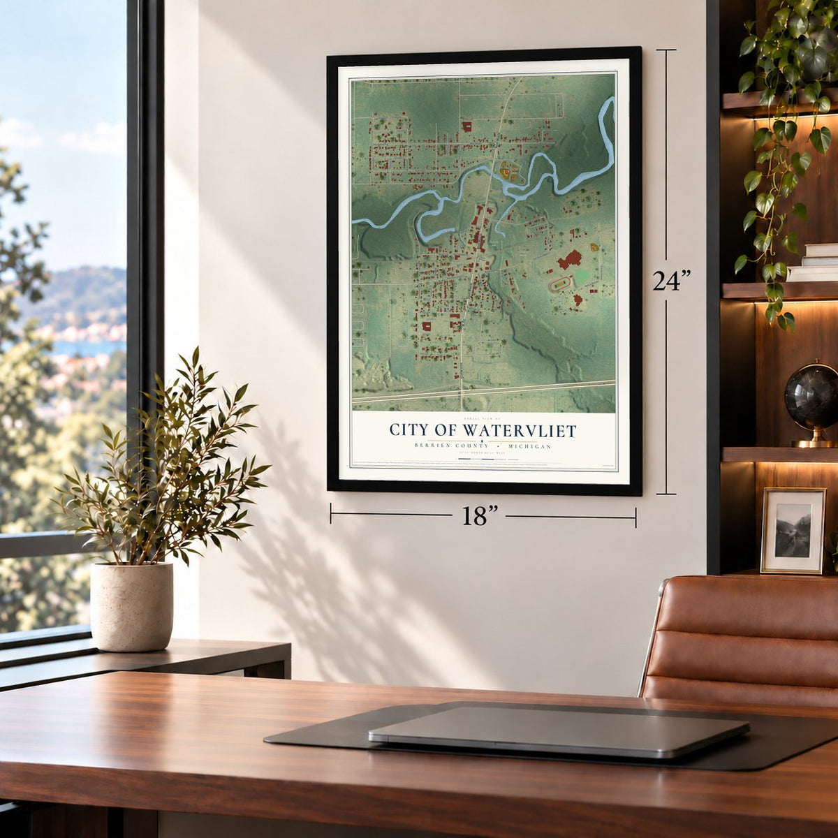 Watervliet, Michigan map, 18 x 24 inch print in a black frame in a home office