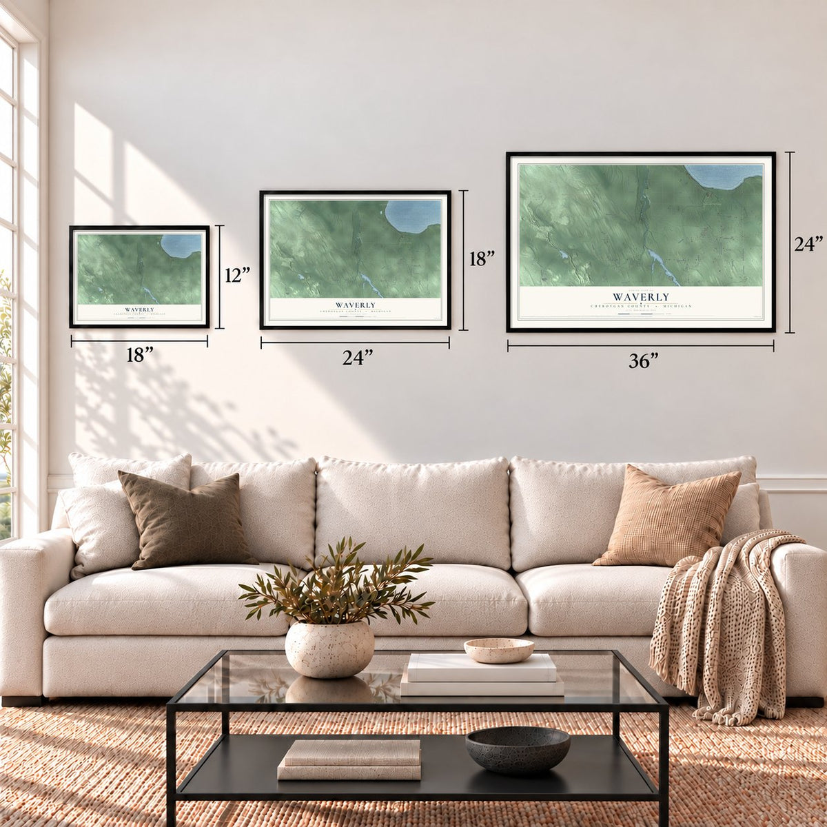 Waverly, Cheboygan County, Michigan map in 12 x 18, 18 x 24 and 24 x 36 inch sizes above a sofa