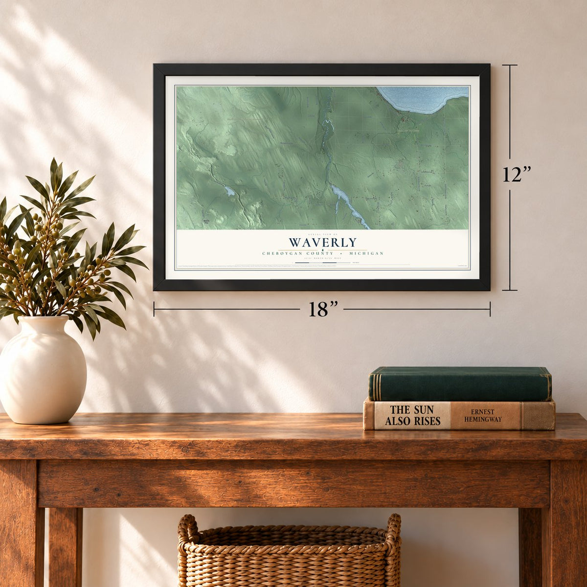 Waverly, Cheboygan County, Michigan map, 12 x 18 inch print in a black frame in an entryway