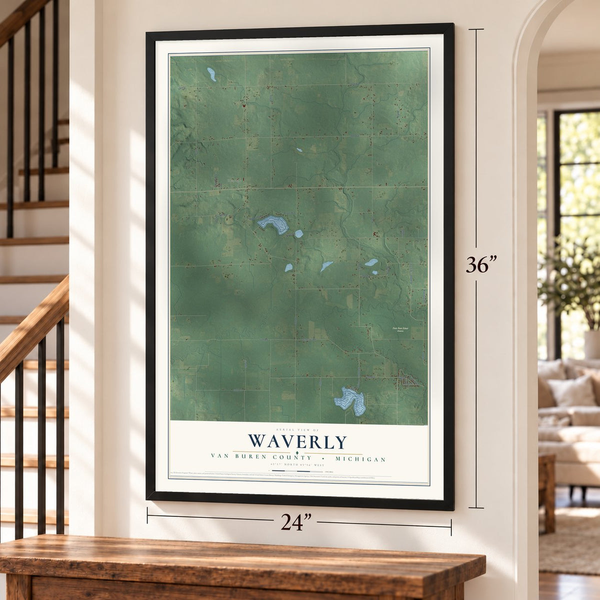 Waverly, Van Buren County, Michigan map, 24 x 36 inch print in a black frame by a staircase