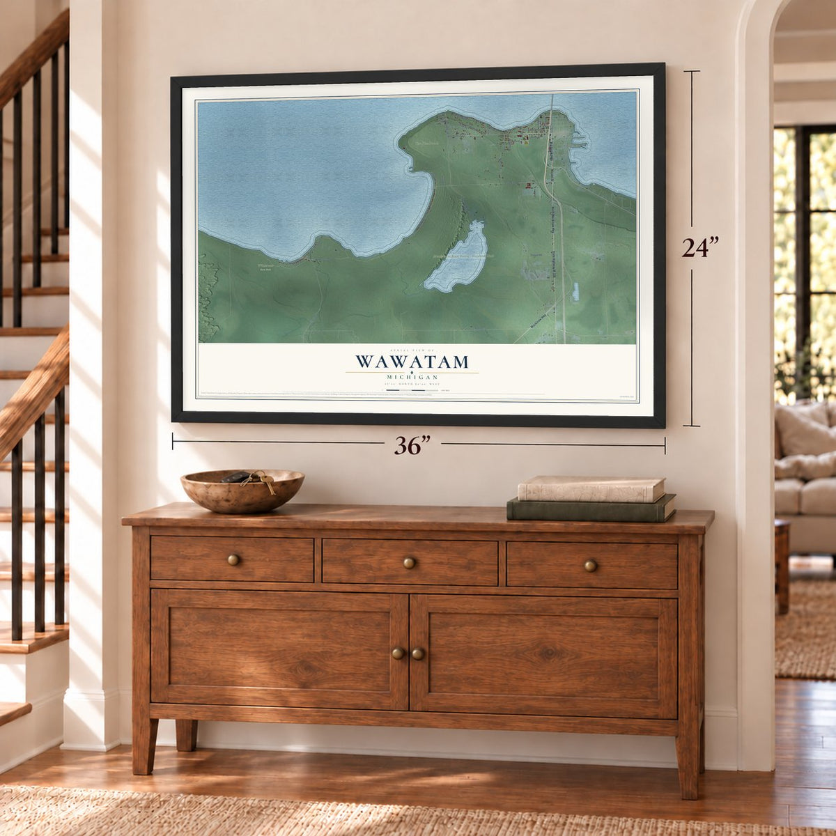 Wawatam, Michigan map, 24 x 36 inch print in a black frame above a dresser by a staircase