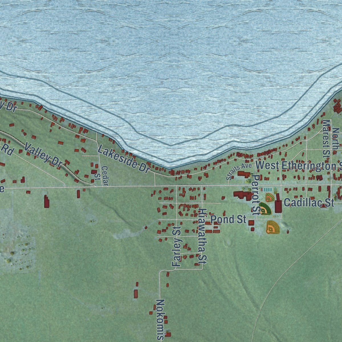 Close-up of the map of Wawatam, Michigan print showing street and building detail