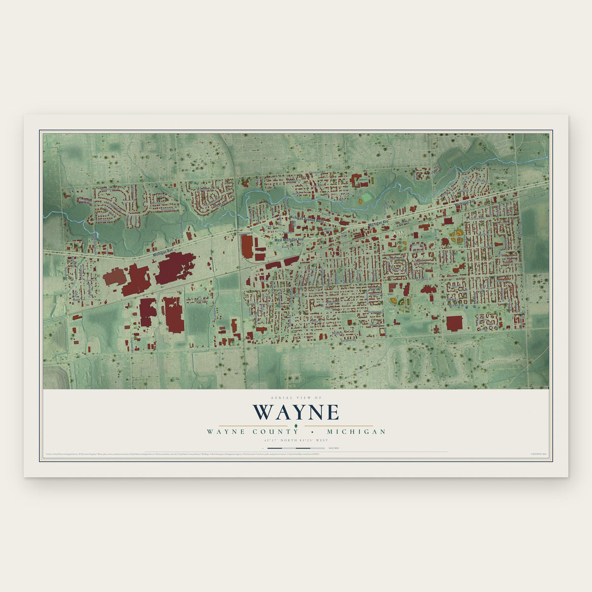 Wayne, Wayne County, Michigan map print, the full design