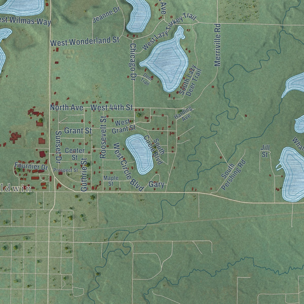 Close-up of the map of Webber, Michigan print showing street and building detail