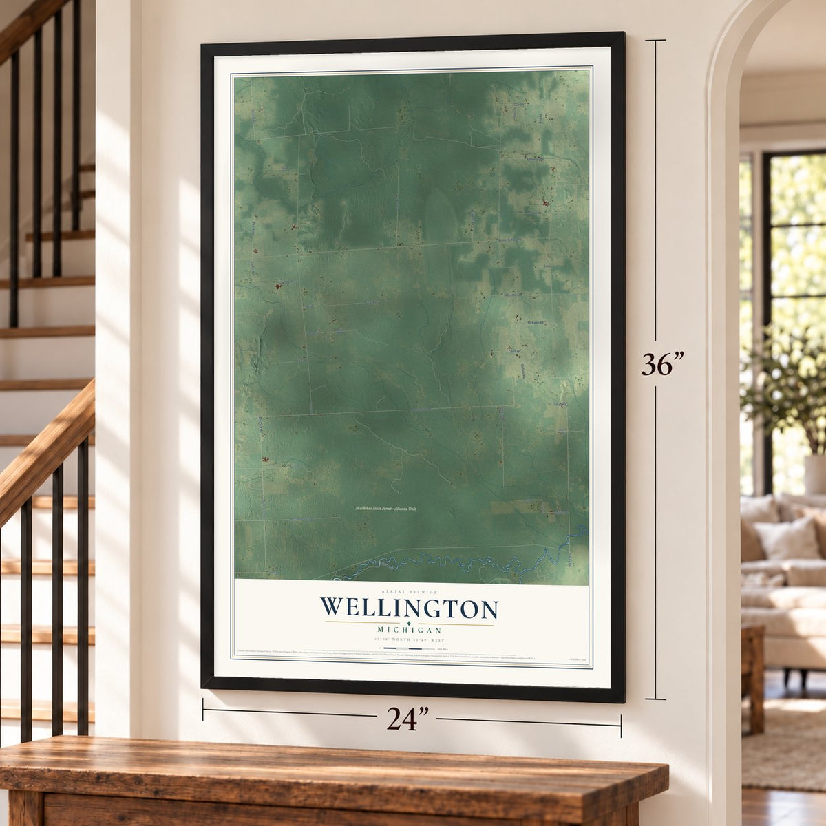 Wellington, Michigan map, 24 x 36 inch print in a black frame by a staircase