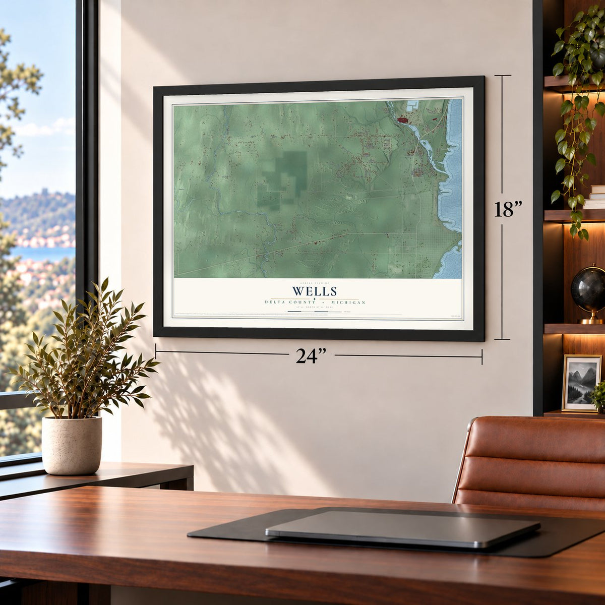 Wells, Delta County, Michigan map, 18 x 24 inch print in a black frame in a home office