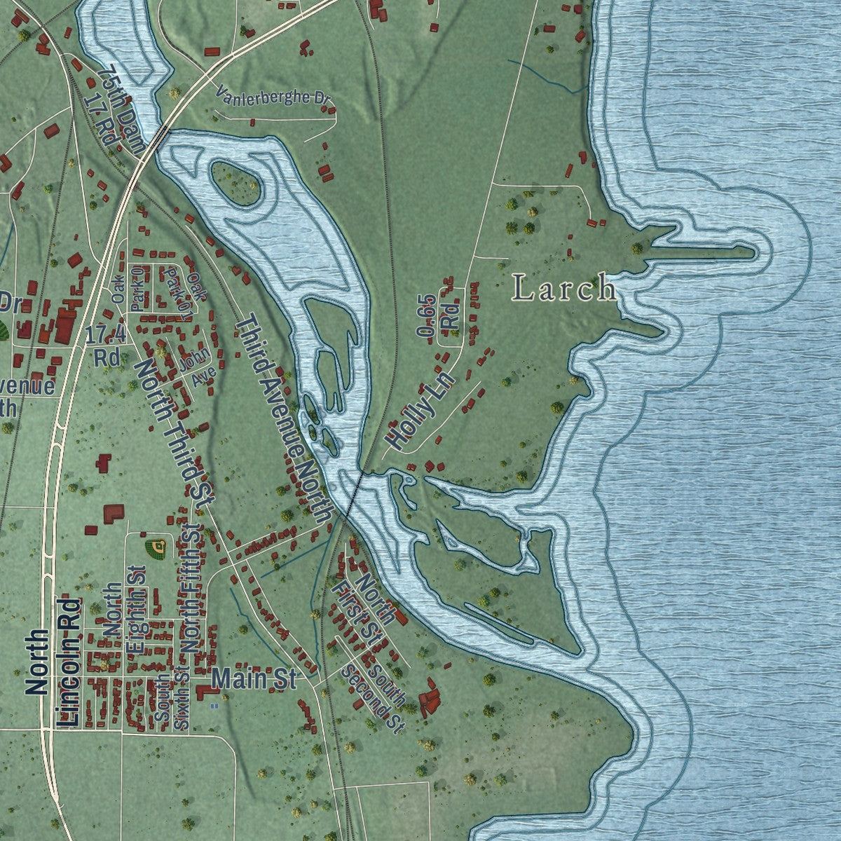 Close-up of the map of Wells, Delta County, Michigan print showing street and building detail