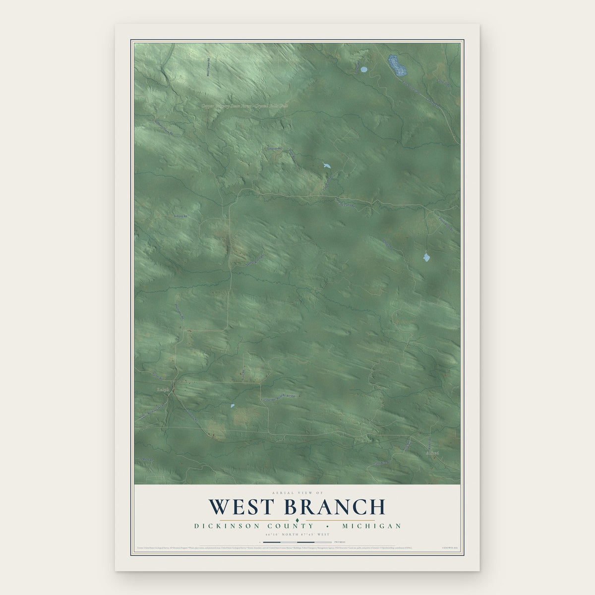 West Branch, Dickinson County, Michigan map print, the full design