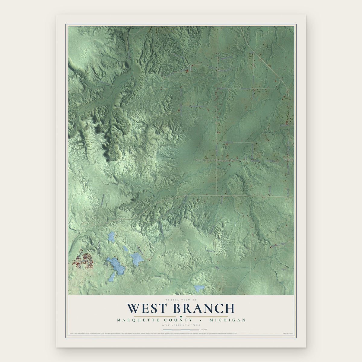 West Branch, Marquette County, Michigan map print, the full design
