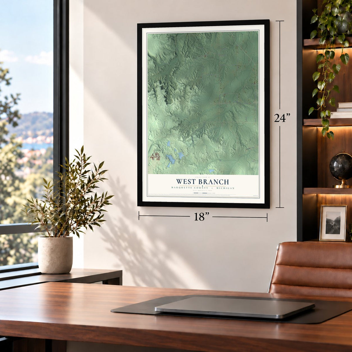 West Branch, Marquette County, Michigan map, 18 x 24 inch print in a black frame in a home office