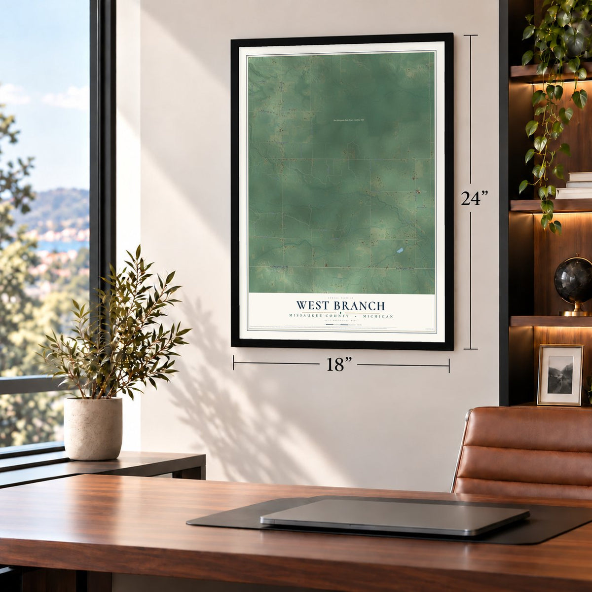 West Branch, Missaukee County, Michigan map, 18 x 24 inch print in a black frame in a home office