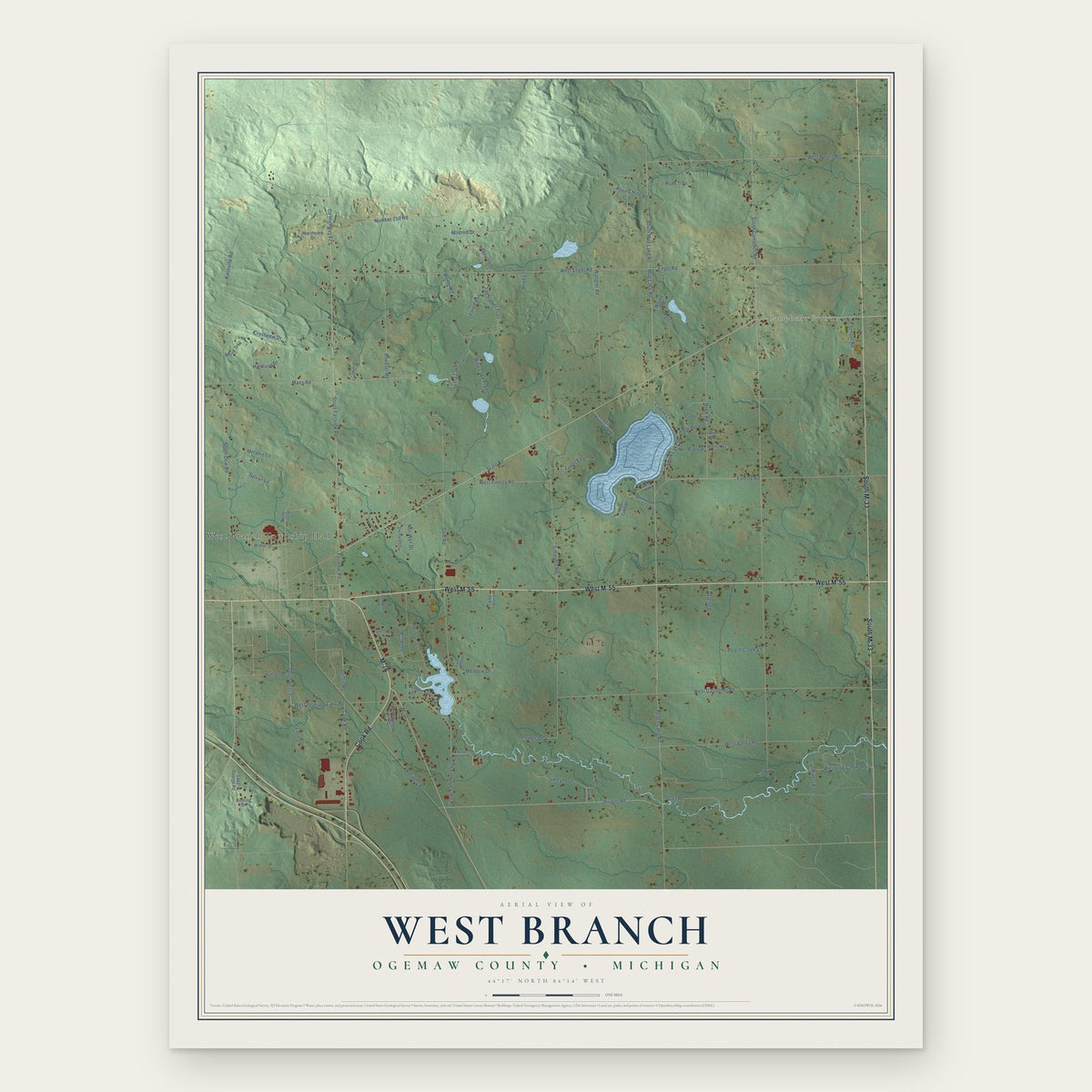 West Branch, Ogemaw County, Michigan map print, the full design