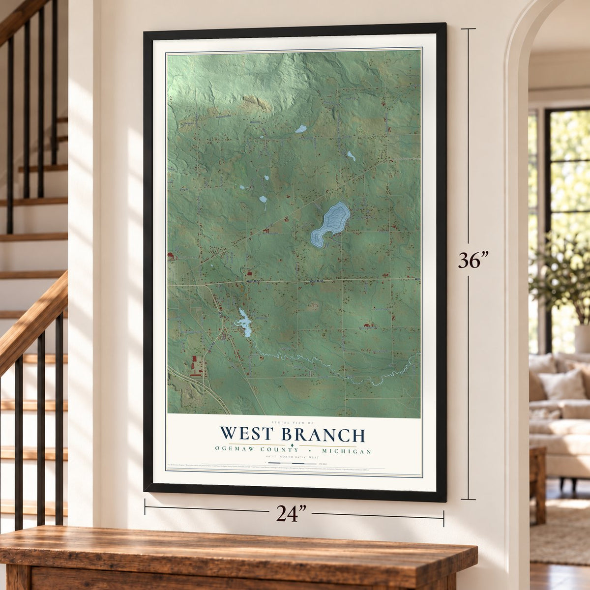West Branch, Ogemaw County, Michigan map, 24 x 36 inch print in a black frame by a staircase
