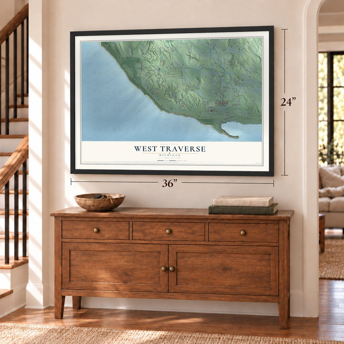West Traverse, Michigan map, 24 x 36 inch print in a black frame above a dresser by a staircase