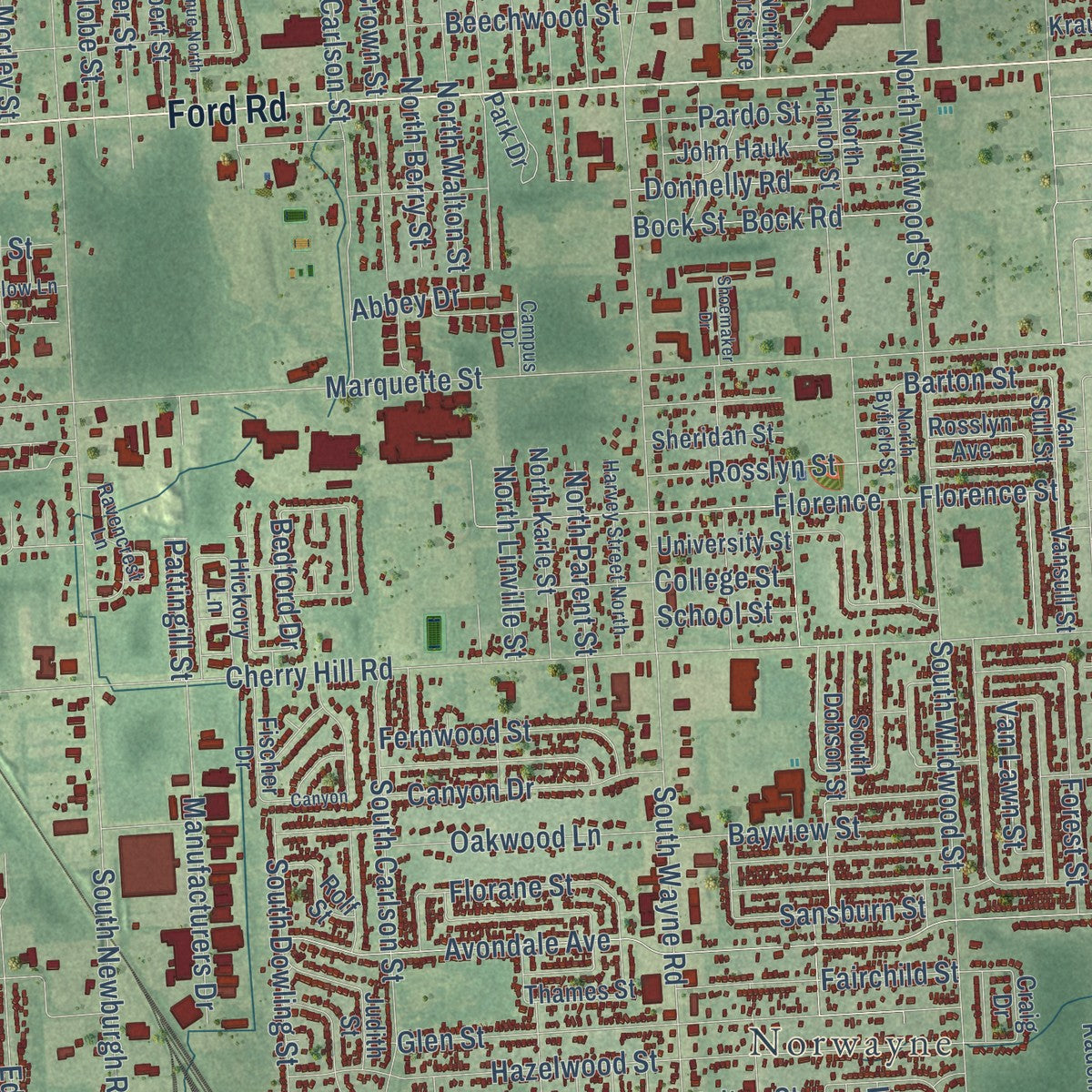 Close-up of the map of Westland, Michigan print showing street and building detail